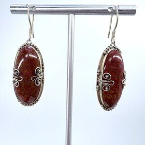 Natural Red Moss Agate Dangle Earrings VTG Sterling Silver 925 Size 2" Length